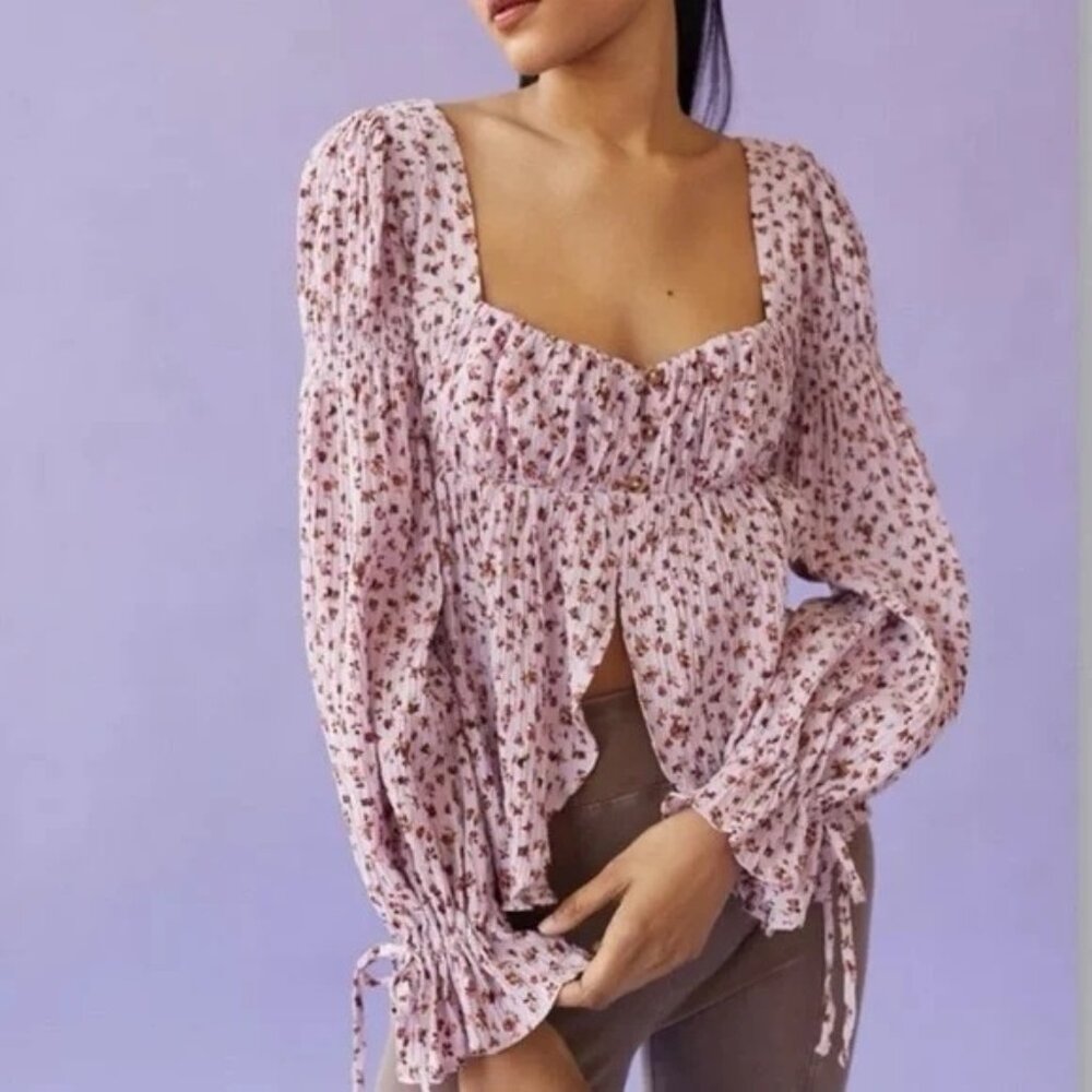 Urban Outfitters Floral Milkmaid Babydoll Top Poet Sleeves Tie Cuff Sz M